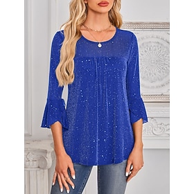 Women's Shirt Blouse Mesh Plain Stylish Classic Modern Long Sleeve Crew Neck Regular Tops Daily Holiday Going out Blue Black Red Green Summer Spring