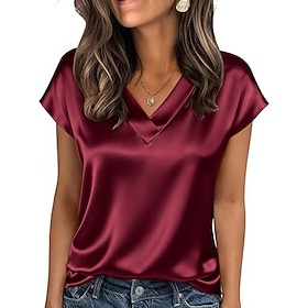 Women's Satin Satin Top T Shirt Tee Top Plain Elegant Fashion Stylish Short Sleeve V Neck Regular Tops Daily Going out Weekend Champagne Gold Wine Red Coffee S
