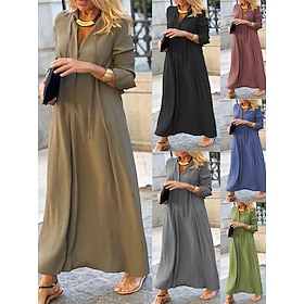Women's Maxi Dress Shirt Dress Casual Dress Elegant Fashion Modern Outdoor Vacation Going out Loose Fit Plain Long Sleeve V Neck Black Red Royal Blue Brown Spr
