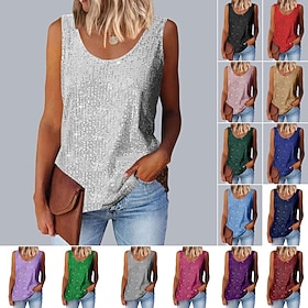 Women's Summer Tops Sequins Solid Color Elegant Vintage Streetwear Sleeveless Sleeveless Strap Regular Tops Beach Party Party Evening Wear Light Yellow Light B