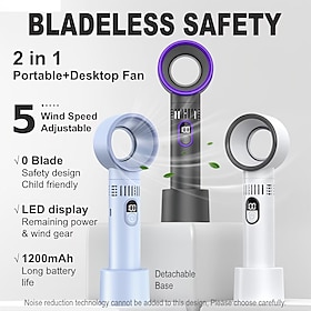 Ventilatore portatile multifunzione con display digitale, potente ventilatore ricaricabile tramite USB, 100 velocità, ventilatore a mano senza pale ad
