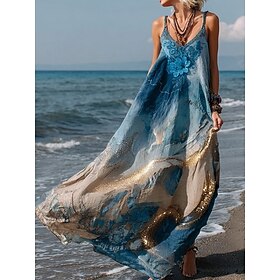 Women's Maxi Dress Sundress Beach Dress Slip Dress Fashion Basic Modern Daily Outdoor Beach Loose Fit Floral Sleeveless V Neck Blue Summer Spring