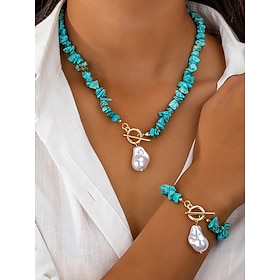 Women's Necklace and Bracelet Set, Imitation Pearl with Turquoise Beads, Multi-Color, Boho Style Jewelry, Perfect for Vacation, Travel, Daily Wear and Casual O