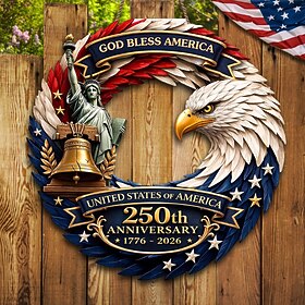 U.S. 250th Anniversary Wood Sign Patriotic Door Hanger, God Bless America Independence Day Decor with Eagle, Liberty Bell Statue of Liberty, 1776–2026 4th of