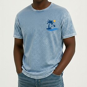 Men's Hawaii Coconut Palm T Shirt Mineral Washing Tee Short Sleeve T shirt Acid Wash Crew Neck Shirt Vacation Vintage Retro Casual Beach Travel Blue Purple Gra