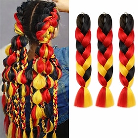 Treccine jumbo nei colori della bandiera tedesca - Extension per capelli sintetici da 24 (61 cm) nere, rosse e gialle per eventi sportivi trecce a bol
