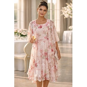 Two Piece A-Line Knee Length Wedding Guest Dress Loose Mother of the Bride Dress Half Sleeve Scoop Neck Elegant Simple Casual Formal Wedding Guest Holiday Chif