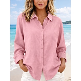 Women's Blouse Faux Linen Shirt Buttons Solid Color Daily Casual Long Sleeve V Neck Regular Tops Daily Blue White Yellow Pink Gray Summer Spring Fall