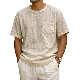 Men's Tee Top Linen T-Shirt Short Sleeve Crew Neck Round Neck Summer Spring Spring Summer Plain Fashion Designer Basic Pocket Soft Casual Vacation Street Ligh