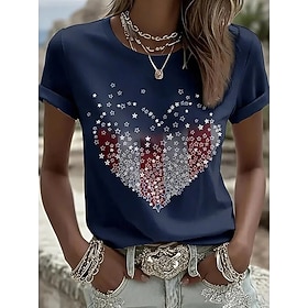 American Independence Day Women's T Shirt Print Graphic Flag Letter Vintage Stylish Classic Short Sleeve Crew Neck Regular Tops Daily Blue Black White Red Navy