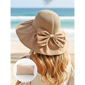 Women's Boho Foldable Sun Hat with Storage Pouch Portable Polyester Wide Brim Beach Hat in Multiple Colors for Casual Daily Wear, Travel Vacation  Resort