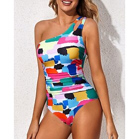 Women's Swimwear One Piece Monokini Swimsuit Tummy Control High Waist Slim Backless Vacation Beach Wear Floral Leopard Asymmetric Neck Sleeveless Bathing Suits