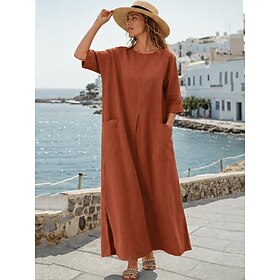 Women's Maxi Dress Shift Dress Casual Daily Loose Fit Plain 3/4 Length Sleeve Crew Neck Black Orange Green Beige Summer Spring Fall
