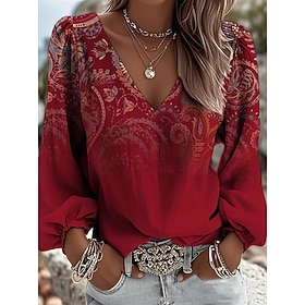 Women's Blouse Print Floral Bohemia Vintage Casual Long Sleeve V Neck Regular Tops Daily Blue Black White Pink Wine Summer Spring Fall