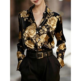 Camicia in satin da donna Top in satin stampa floreale grafica moda vacanze elegante maniche lunghe colletto regolare top quotidiani vacanza uscire nera estate