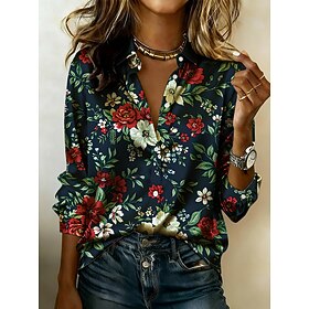 Women's Satin Shirt Satin Top Print Floral Graphic Vacation Casual Long Sleeve Shirt Collar Regular Tops Daily Holiday Going out Navy Blue Summer Spring Fall