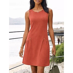 Women's Midi Faux Cotton Linen Dress Shift Dress Summer Dress Casual Daily Regular Fit Plain Sleeveless Crew Neck Blue Orange Green Summer
