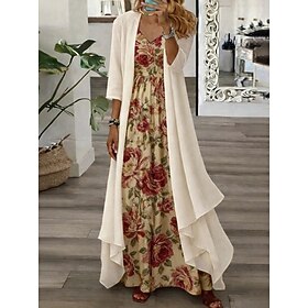 Women's Maxi Dress Casual Dress Dress Set Floral Dress Elegant Fashion Modern Outdoor Vacation Going out Regular Fit Floral 3/4 Length Sleeve V Neck Khaki Summ