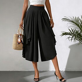 Women's Trousers Capri Pants Casual Pants Summer Pants Elegant Fashion Casual Daily Calf-Length High Waist Solid Color Plain Layered Wide Leg Elastic Waistband