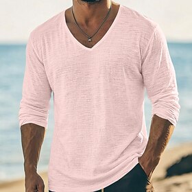 Men's Tee Top Linen T-Shirt Long Sleeve V Neck Summer Spring Solid Color Plain Textured Daily Casual Street Style Plain Casual Outdoor Street Blue Lake blue Bl