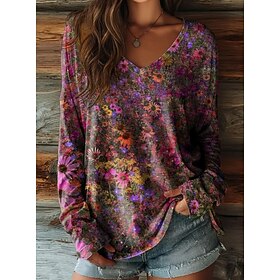 Women's T Shirt Print Floral Graphic Sunflower Vintage Casual Boho Long Sleeve V Neck Regular Tops Daily Blue Dark Green Purple Orange Charcoal Grey Summer Spr