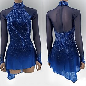 Figure Skating Fleece Jacket Figure Skating Dress Women's Ice Skating Dress Navy Patchwork Asymmetric Hem Stretchy Training Competition Skating Wear Classic Cr