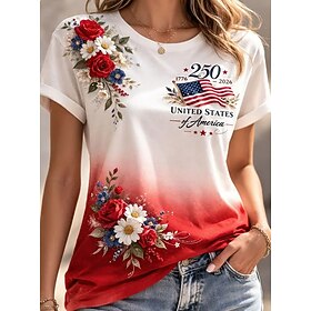 Women's 250th Anniversary Patriotic T Shirt Print Graphic Letter Flag Stylish Classic Casual Short Sleeve Crew Neck Regular Tops Daily Blue White Red Summer S