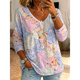 Women's T Shirt Print Floral Graphic Plants Vintage Stylish Classic Long Sleeve V Neck Long Tops Daily Light Pink Light Green Beige Rose Pink Summer Spring
