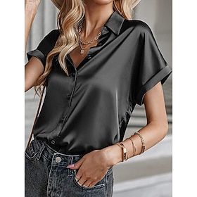 Women's Shirt Blouse Patchwork Buttons Plain Elegant Vacation Stylish Short Sleeve Shirt Collar Regular Tops Daily Holiday Going out Black White Light Brown Gr
