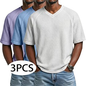 3Pcs Men's Waffle T-shirt Tee Top Short Sleeve V Neck Summer Solid Color Textured Fashion Designer Casual Multi-pack Raglan Sleeves Casual Daily Outdoor Blue W