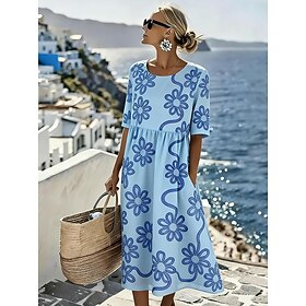 Women's Midi Dress Shift Dress Vacation Casual Boho Regular Fit Floral Graphic Half Sleeve Crew Neck Blue Pink Purple Green Summer Spring