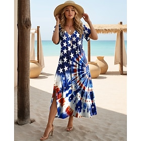 American Independence Day Women's Maxi Dress Shift Dress Sundress T Shirt Dress Tee Dress Vacation Casual Holiday Loose Fit Graphic American Flag Stars and Str