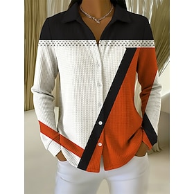 Women's Waffle Shirt Blouse Buttons Print Geometric Vacation Daily Stylish Long Sleeve Shirt Collar Regular Tops Daily Outdoor Holiday Blue White Purple Orange