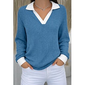 Women's Ribbed Knit Tops T Shirt Fake two piece Contrasting Colors Stylish Casual Long Sleeve V Neck Shirt Collar Regular Tops Daily Going out Black Dusty Rose