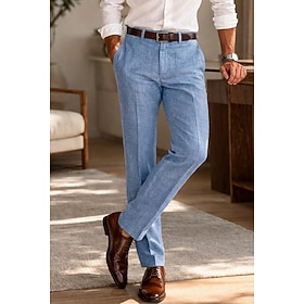 Men's Cotton Linen Dress Pants Casual Pants Business Wedding Vintage Classic Timeless Formal White Pink Burgundy Spring Summer Pants Solid Color Regular Fit