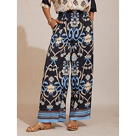 Summer Night Palm Silky Satin Wide Leg Pants: retailer-supplied image
