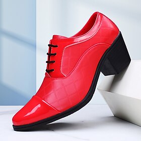Men's Red High Heel Faux Leather Shoes – Classic Glossy Finish, Pointed Toe, Sturdy Mid-Heel, Stylish Choice for Office, Party, Wedding and Evening Events