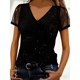 Women's T Shirt Tee Top Sequins Mesh Solid Color Elegant Fashion Classic Short Sleeve V Neck Regular Tops Daily Going out Weekend Black Red Summer Spring