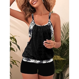 Women's Swimwear Tankini 2 Piece Swimsuit Tummy Control High Waist Cut Out Slim Backless Vacation Beach Wear Floral Scoop Neck Sleeveless Bathing Suits