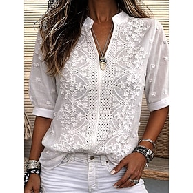 Women's Blouse Lace Eyelet Solid Color Stylish Casual Half Sleeve V Neck Regular Tops Daily White Summer Spring