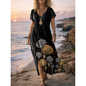 Women's Maxi long Dress Boho Dress Casual Dress A Line Dress Print Dress Vintage Outdoor Vacation Weekend Regular Fit Floral Graphic Short Sleeve V Neck Blue B