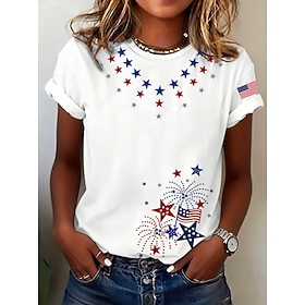 American Independence Day Women's T Shirt Print Graphic Letter American Flag Stylish Classic Casual Short Sleeve Crew Neck Regular Tops Daily Blue Light Beige
