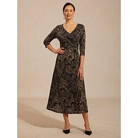 Women's Midi Dress Wrap Dress A Line Dress Elegant Daily Wedding Guest Glitter Jacquard Twisted Knot Regular Fit Paisley 3/4 Length Sleeve V Neck Black Summer