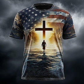 America's 250th Anniversary Men's Bible Jesus Cross American Flag USA Stars Stripes Patriotic Religious All Over Print T Shirt Short Sleeve Crew Neck Celebrati