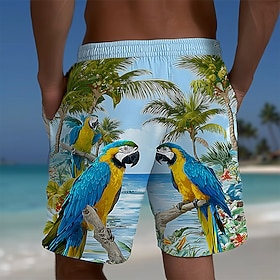 Men's Coconut Tree Parrot Tropical Plants Swim Trunks Swim Shorts Board Shorts Mid Waist Hawaiian Beach Vacation Wear Side Pockets Mesh Lining Elastic Drawstri