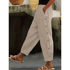 Women's Chinos Straight Vacation Streetwear Casual Ankle-Length Medium Waist Plain Pocket Elastic Waist Side Button Comfort Breathable Micro-elastic Daily Outd