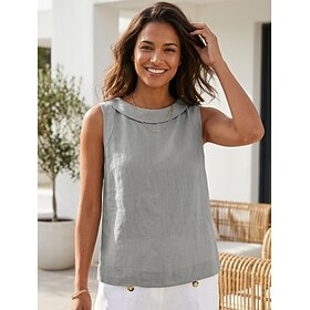 Women's Shirt Blouse Cotton Shirt Sleeveless Shirt Solid Color Basic Classic Modern Sleeveless Shirt Collar Regular Tops Daily Holiday Going out Black Army Gre