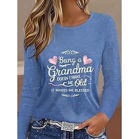 Women's T Shirt Print Graphic Letter Vintage Stylish Classic Long Sleeve Crew Neck Regular Tops Daily Weekend Blue Summer Spring