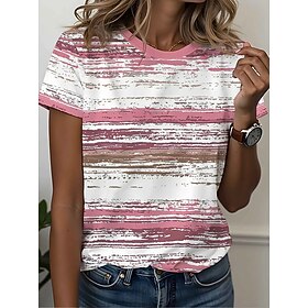 Women's T Shirt Print Striped Graphic Striped Abstract Stylish Classic Casual Short Sleeve Crew Neck Regular Tops Daily Blue Sage Green Pink Red Summer Spring