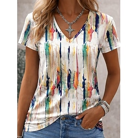 Women's T Shirt Print Graphic Striped Abstract Stylish Classic Casual Short Sleeve V Neck Long Tops Daily Brown And White Gray / White White Summer Spring